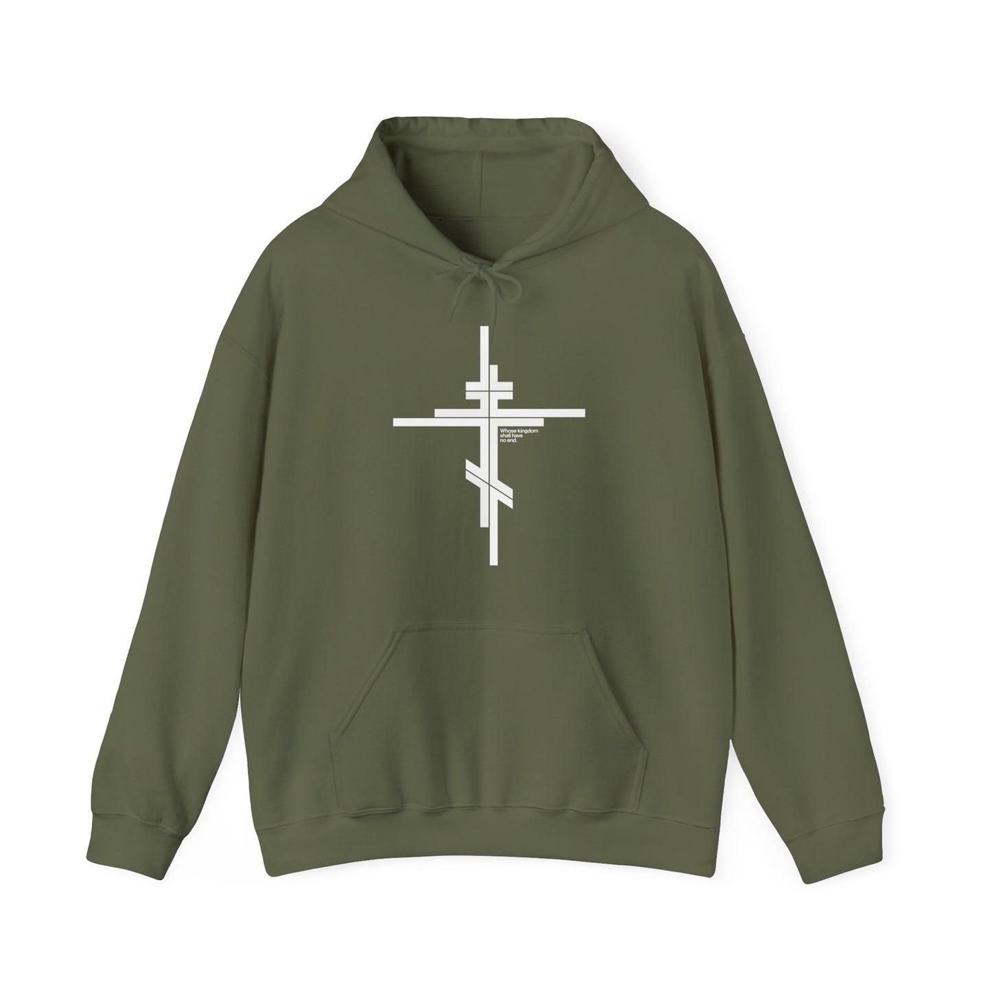 Military green hoodie featuring a bold white Orthodox Cross in a modern minimalist style, inspired by "Whose Kingdom Shall Have No End" (Luke 1:32-33).