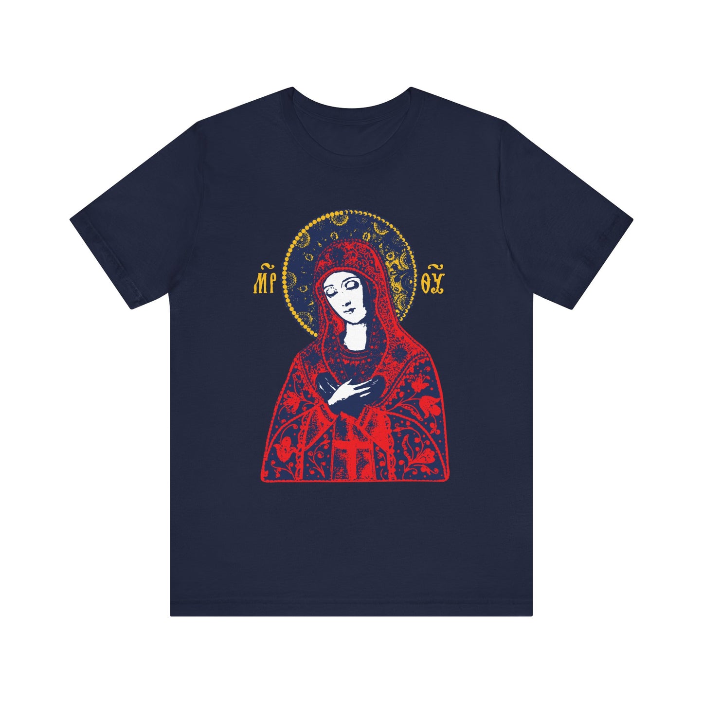 Navy unisex t-shirt featuring the Joy of All Joys Tenderness Theotokos, based on traditional Orthodox iconography, with ornate red, yellow, and white details. Lightweight cotton and Christian-inspired design.