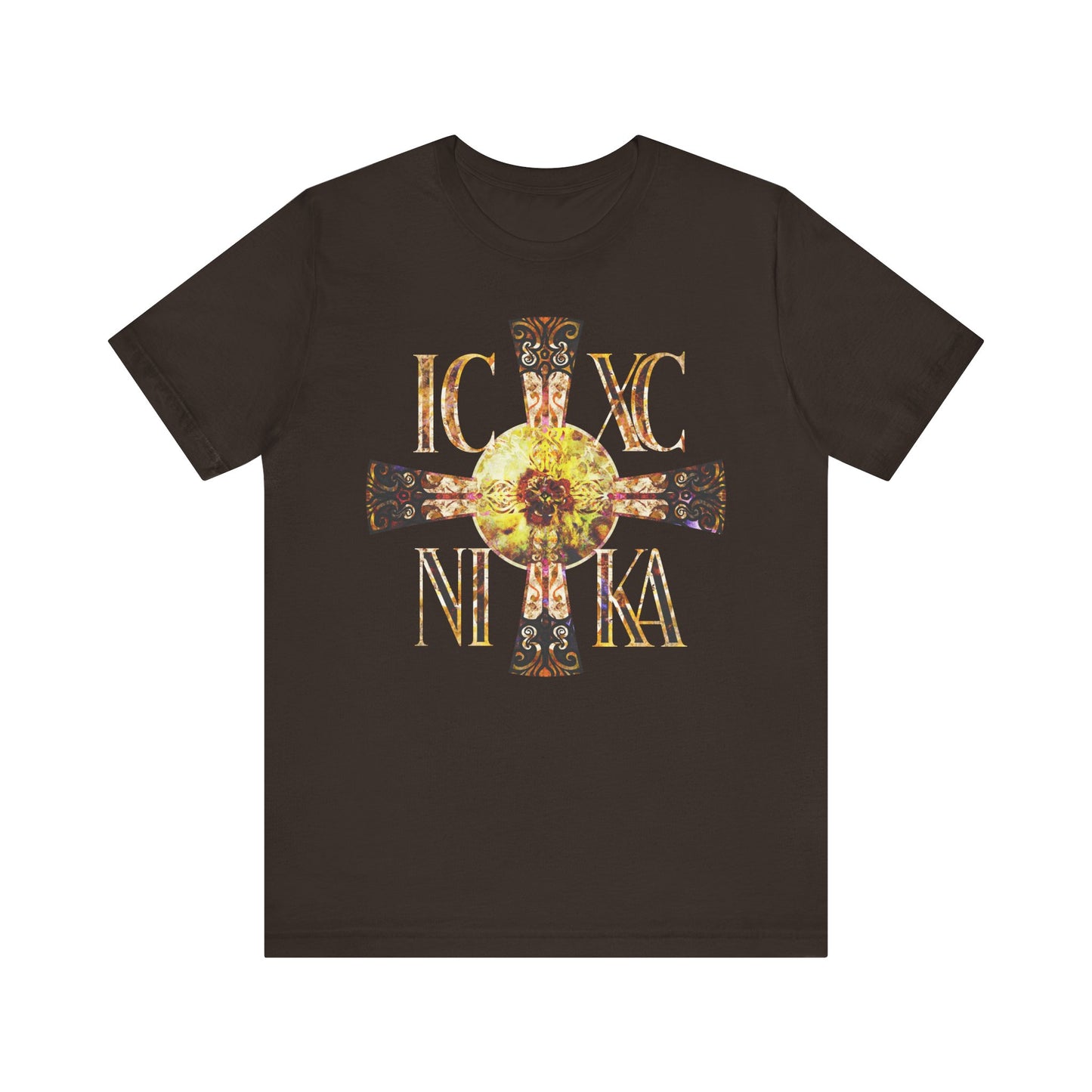 Brown unisex tee featuring a Celtic style equal-armed cross with IC XC NIKA in a bright solar texture, symbolizing Orthodox faith’s eternal light. Cotton, lightweight, and comfortable.