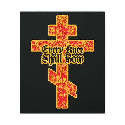 A gold and red floral Orthodox cross with gothic lettering featuring "Every Knee Shall Bow" (Isaiah 45:22-24, Phil 2:7-11) on black, from the Christian wall art collection.
