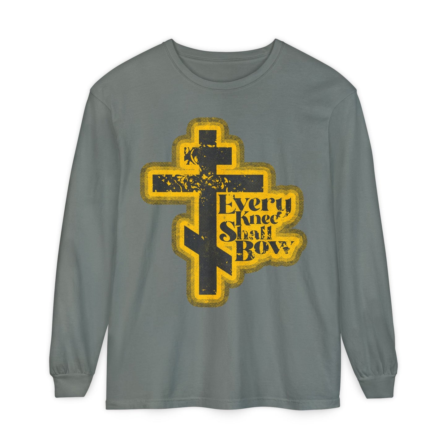 Grey long-sleeve shirt with a yellow Orthodox cross and "Every Knee Shall Bow" text, inspired by Philippians 2:10-11 & Isaiah 45:23, in a 70s distressed comic book style.