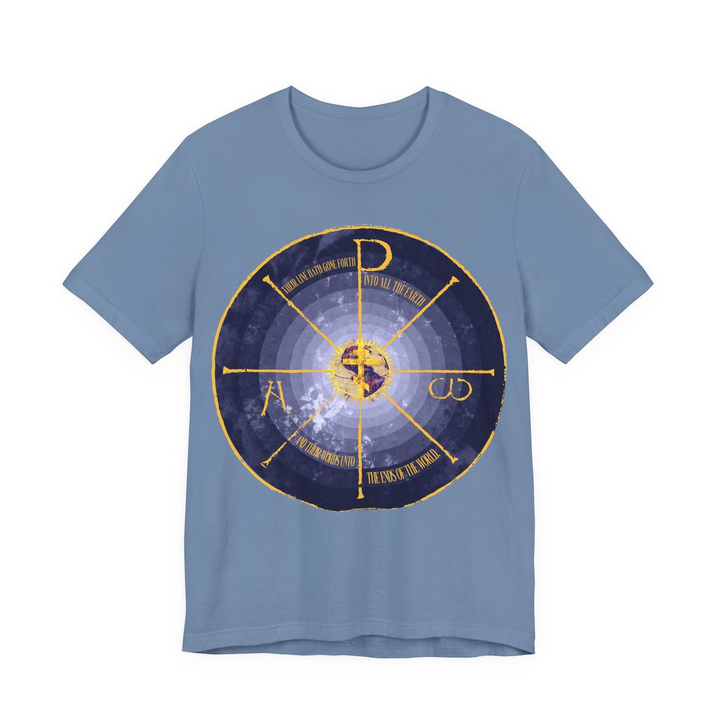 Geocentric Cross & Chi Rho | Alpha & Omega | Blue and Yellow Design | Medieval Style Graphic | Orthodox Christian Cotton T-Shirt