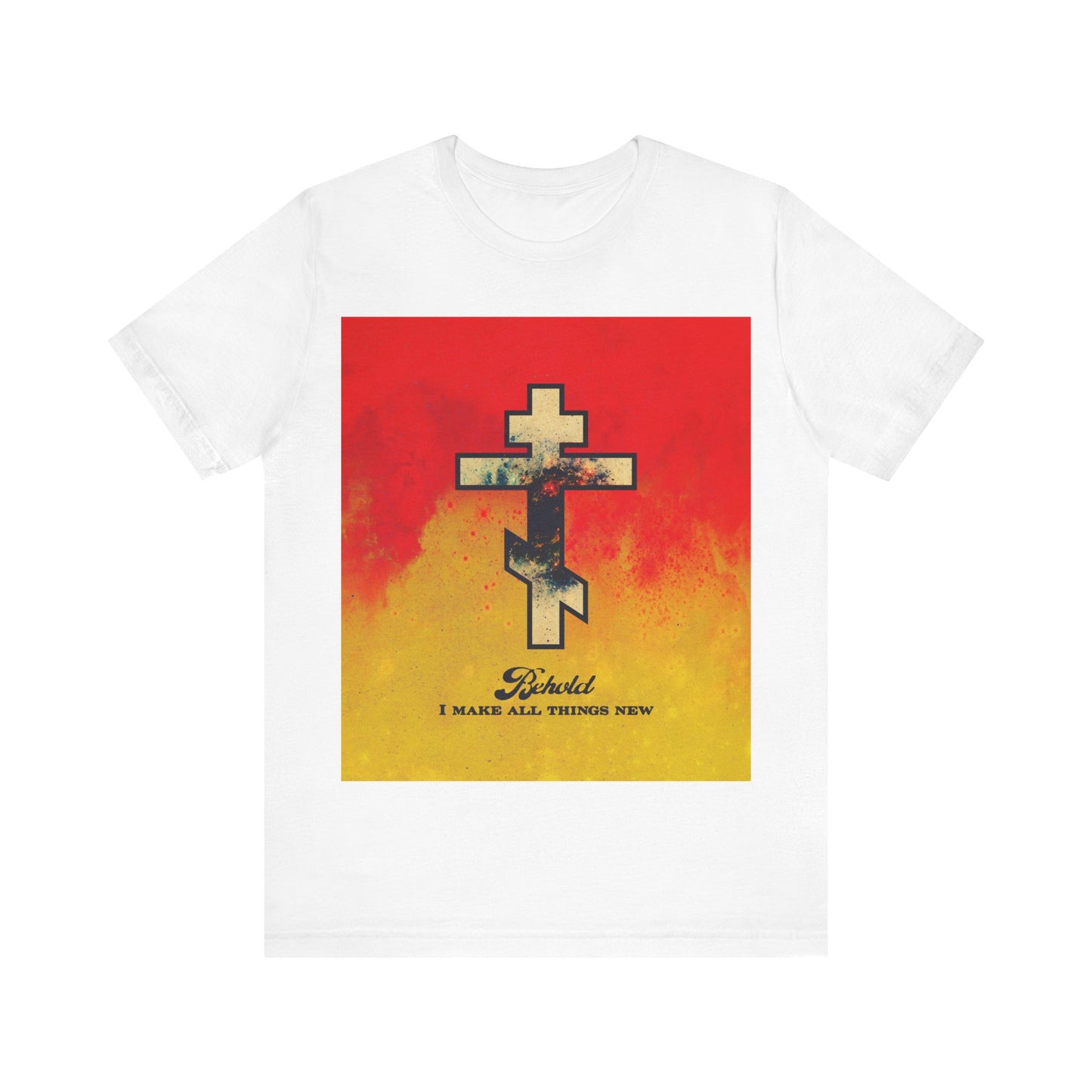 Behold, I Make All Things New (Revelation 21:5) | Cosmic Orthodox Cross on Red and Yellow Background | Orthodox Christian Cotton T-Shirt