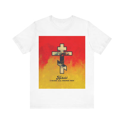 Behold, I Make All Things New (Revelation 21:5) | Cosmic Orthodox Cross on Red and Yellow Background | Orthodox Christian Cotton T-Shirt