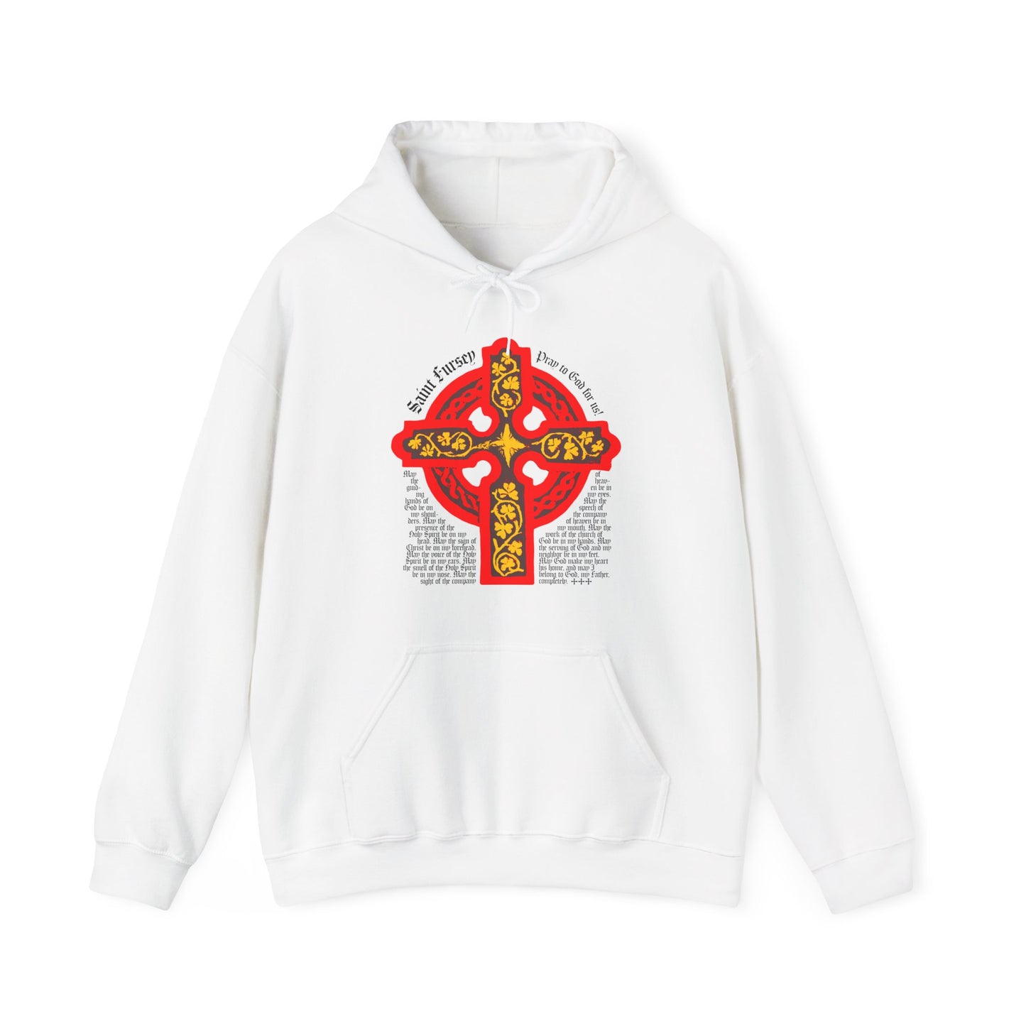 White Lorica Shield Prayer of St Fursey hoodie featuring a bold red and yellow Celtic cross with black text, inspired by ancient Irish Orthodox prayers.