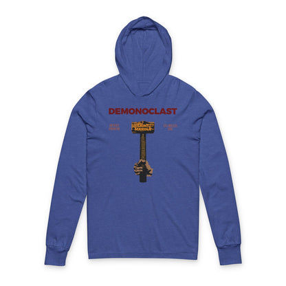 Heather True Royal hoodie featuring "DEMONOCLAST" text and St. Marina’s Hammer graphic, inspired by Orthodox Christian martyrdom and unseen warfare. Product name: Demonoclast | St. Marina's Hammer | NIKA Fist.