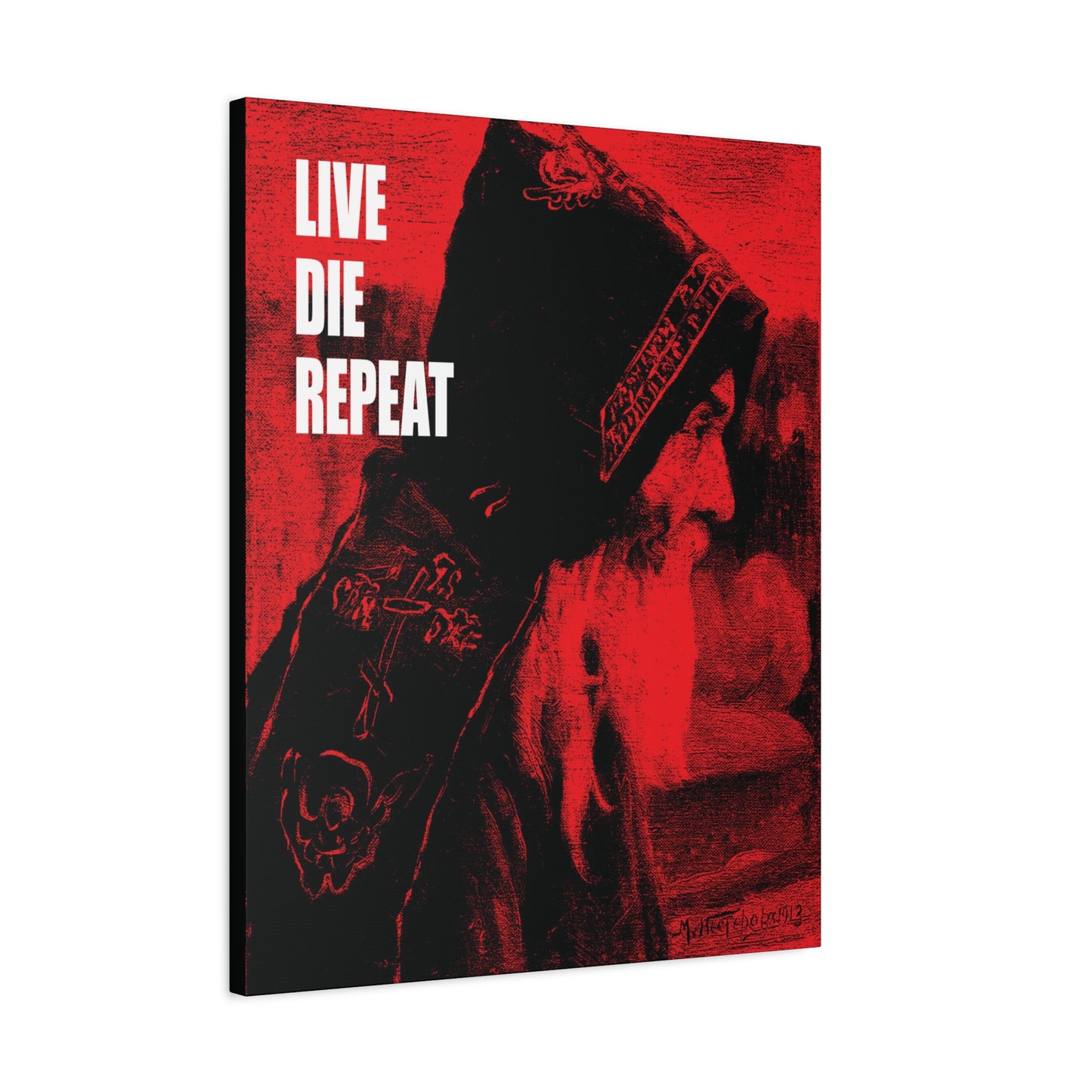 A red-tinted image of St Antony the Great in a hood, with "LIVE DIE REPEAT" on the side—featured on the "Live Die Repeat ('Monk' by Mikhail Nesterov)" Orthodox Canvas Wall Art, inspired by ascetic Christianity and eternal spiritual life.