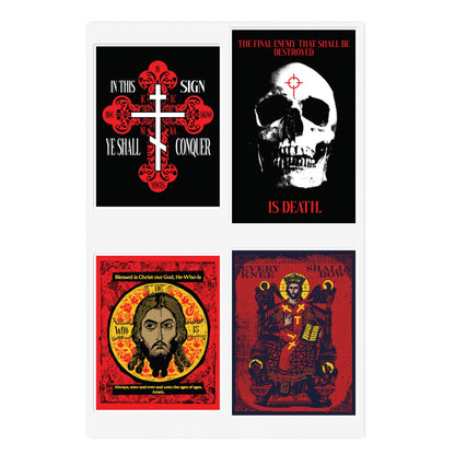 Bestseller Orthodox Sticker Mix No. 3 features bold, graphic icons and memento mori in striking red, black, and yellow.