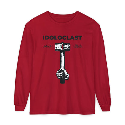 Idoloclast Idol-Smasher | Jesus NIKA Fist w/ Sledgehammer on Red Background | Smash Your Passions | Orthodox Christian Long Sleeve Shirt