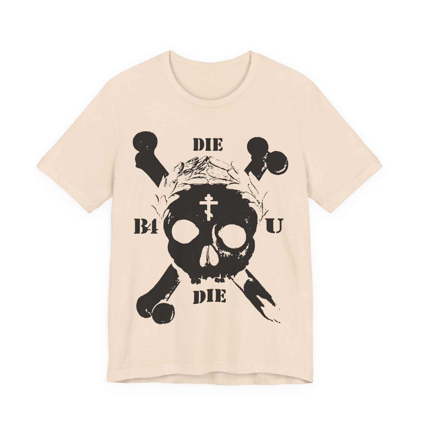 Soft cream Die Before You Die t-shirt features a retro skull & crossbones, Orthodox cross, laurel victory wreath, and “Memento Mori” design—an ascetic Christian reminder inspired by Matthew 16:24-25.