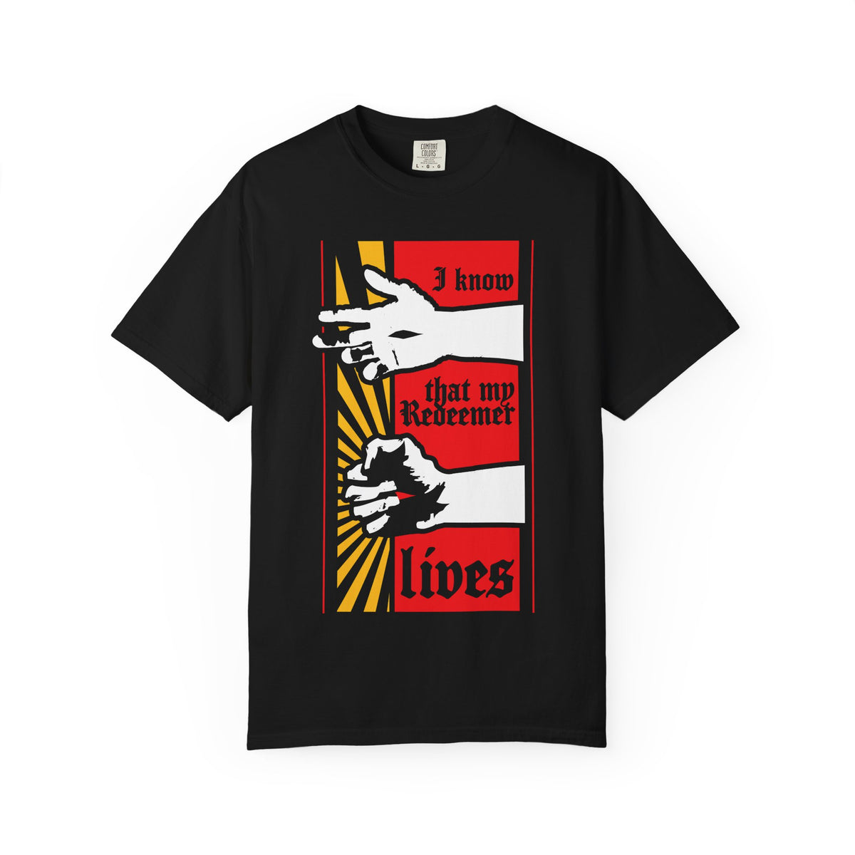 This black heavyweight cotton unisex t-shirt, titled “I Know That My Redeemer Lives (Job 19:25) | Christ Resurrected Comic Book Style Design,” features vibrant red, yellow, white, and black graphic hands with bold text inspired by Job 19:25–27—a striking and powerful reminder for all who long to see God.
