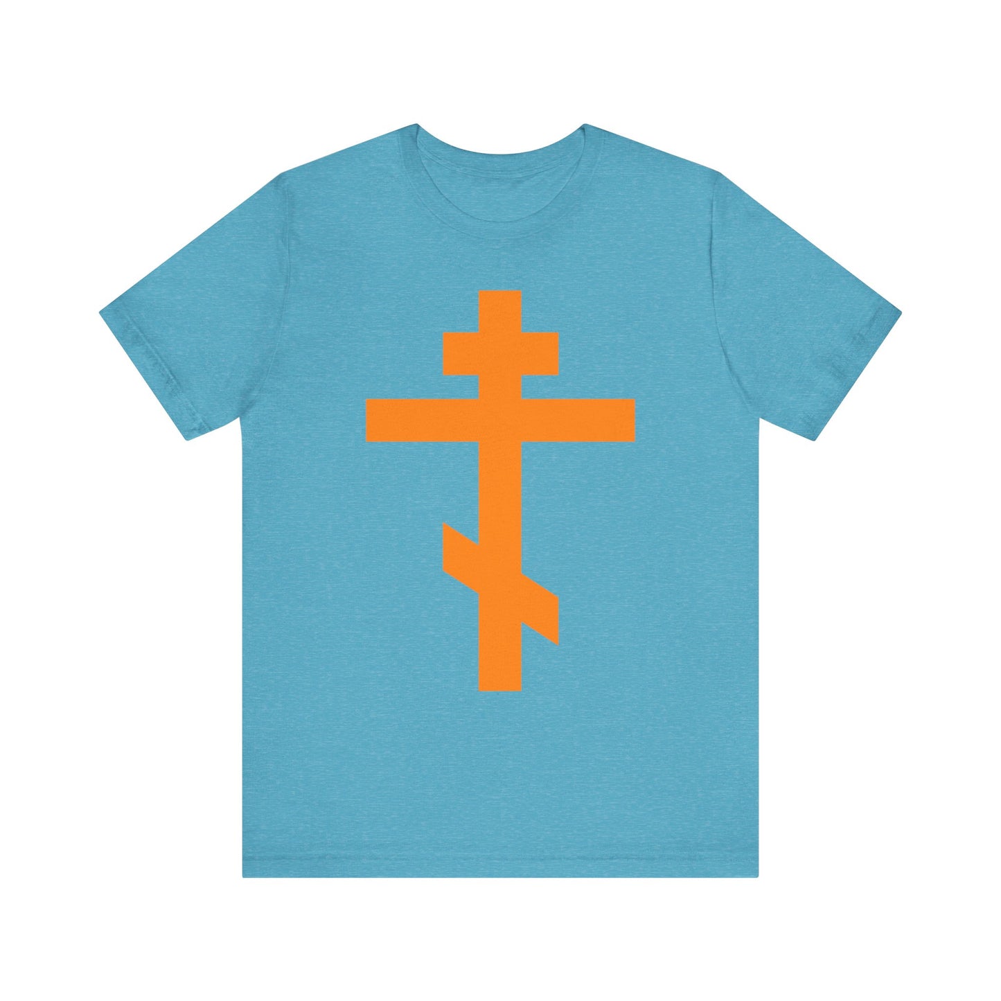 Heather aqua unisex cotton tee featuring a large orange Orthodox tribar cross design centered on the front, inspired by St. John of Kronstadt and the Troparion of the Cross, with the inscription "Preserve Thy People By Thy Cross, O Lord" and "Christ is King.