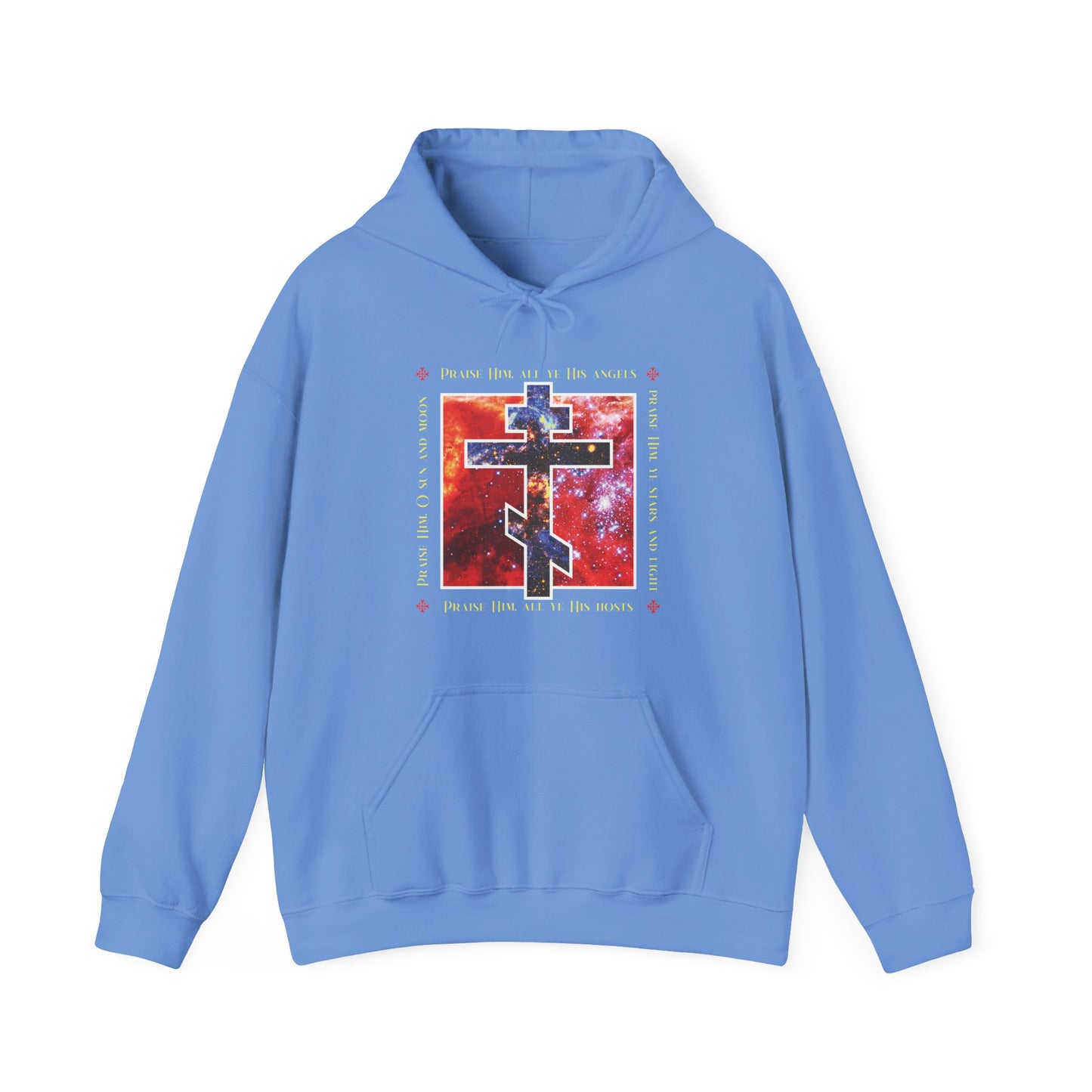 Carolina Blue hoodie featuring a cosmic Orthodox cross graphic on a red background with uplifting "Praise Him All Ye His Angels, Praise Him Ye Stars and Light" text—a Christian athleticwear design.