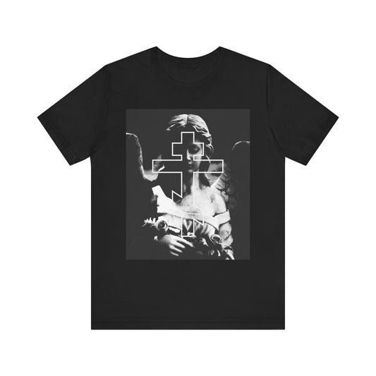 Black unisex tee showcases a grayscale cemetery angel with an Orthodox cross, memento mori details, and goth aesthetic—lightweight cotton for comfort.