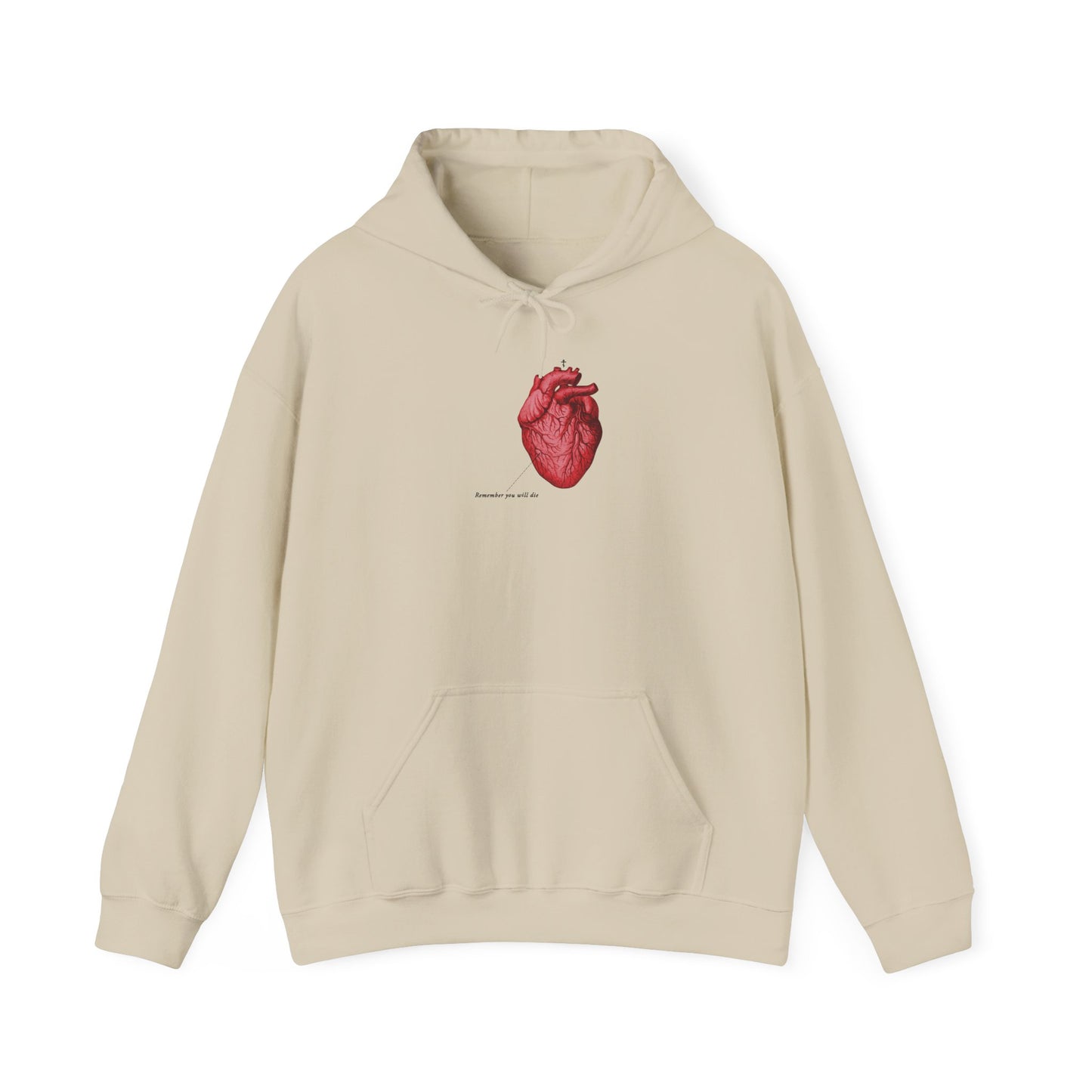 Sand-colored hoodie featuring a retro medical textbook heart graphic with an Orthodox cross and small text below on the chest, reflecting themes of memento mori and Orthodox Christian spiritual healing.