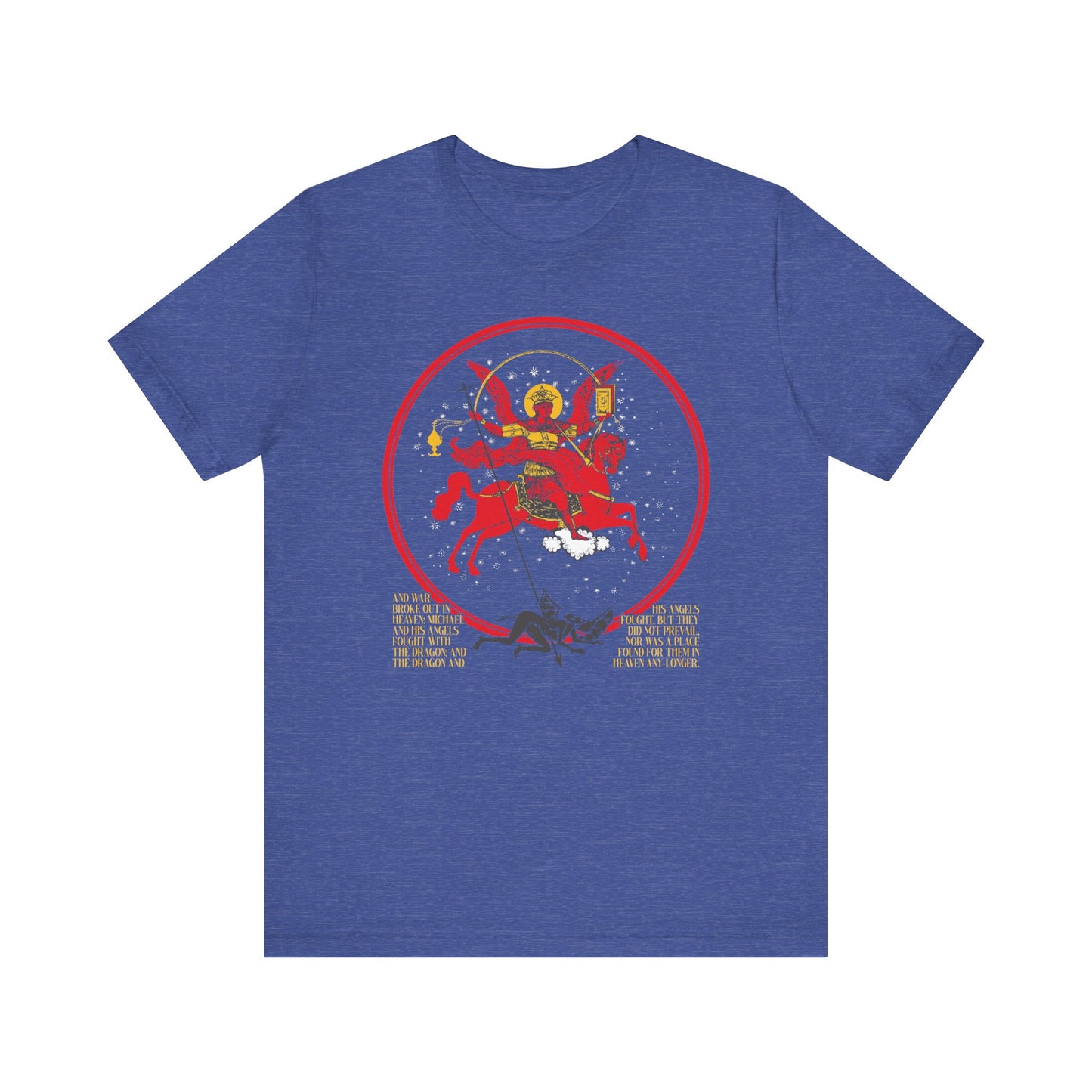 Heather True Royal t-shirt featuring Archangel Michael of the Apocalypse slaying a dragon, inspired by Revelation 12:7-9, in a circular design with gold text. "Death is Swallowed Up In Victory" double-sided unisex lightweight cotton style.