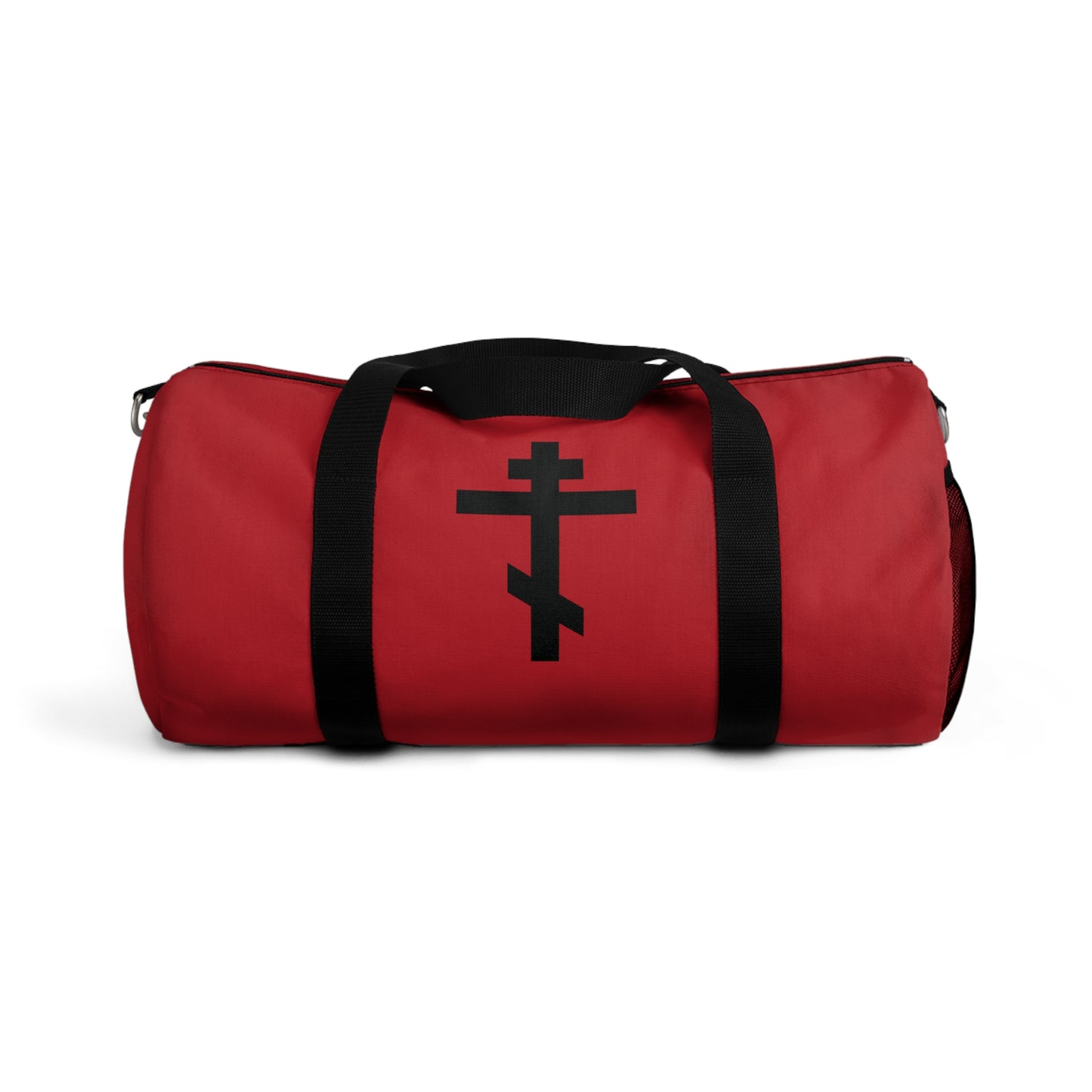 Black Orthodox Cross on Red Background | By His wounds you have been healed | Orthodox Christian Gym Duffel Bag