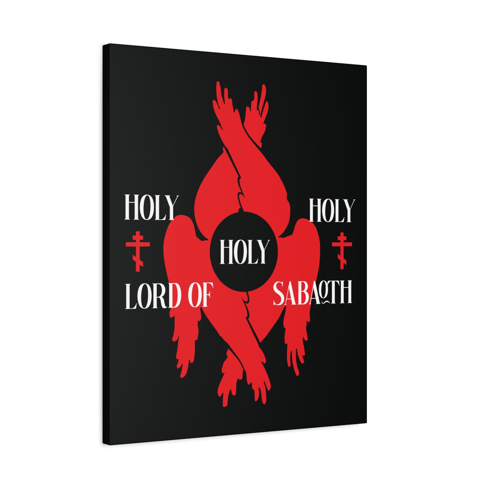 A red seraphim with six wings and a black circle, featuring "Holy Holy Holy Lord of Sabaoth" from Isaiah 6:3, inspired by the Divine Council. Includes Orthodox Crosses. Christian Canvas Art – Holy Holy Holy Lord of Sabaoth Red Seraphim Wings.