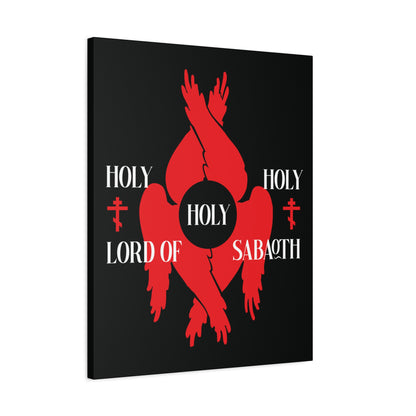 A red seraphim with six wings and a black circle, featuring "Holy Holy Holy Lord of Sabaoth" from Isaiah 6:3, inspired by the Divine Council. Includes Orthodox Crosses. Christian Canvas Art – Holy Holy Holy Lord of Sabaoth Red Seraphim Wings.