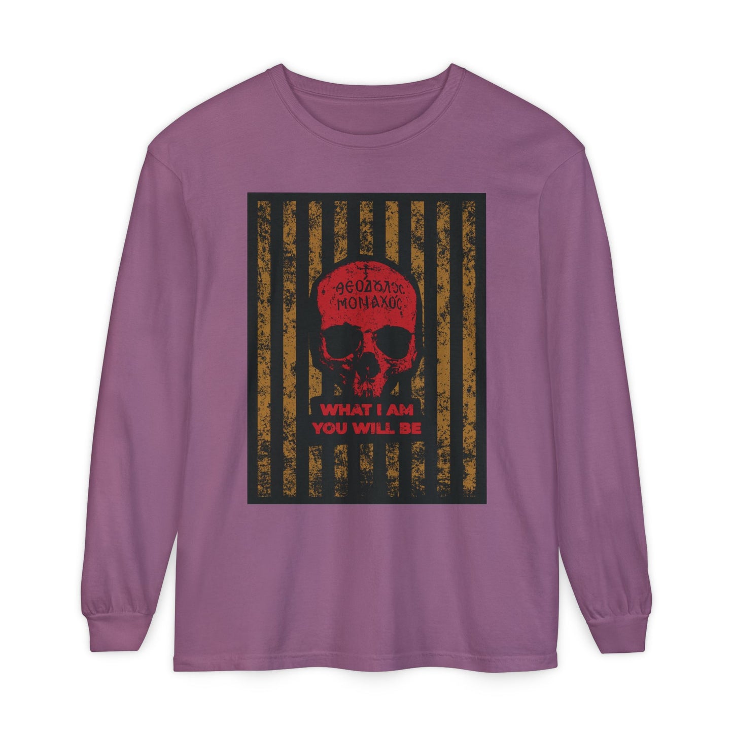 Berry long-sleeve cotton shirt featuring a red Mt. Athos monk skull and “WHAT I AM YOU WILL BE” text, inspired by St. Ignatius Brianchaninov’s teachings on remembrance of death and ascetic ethos.