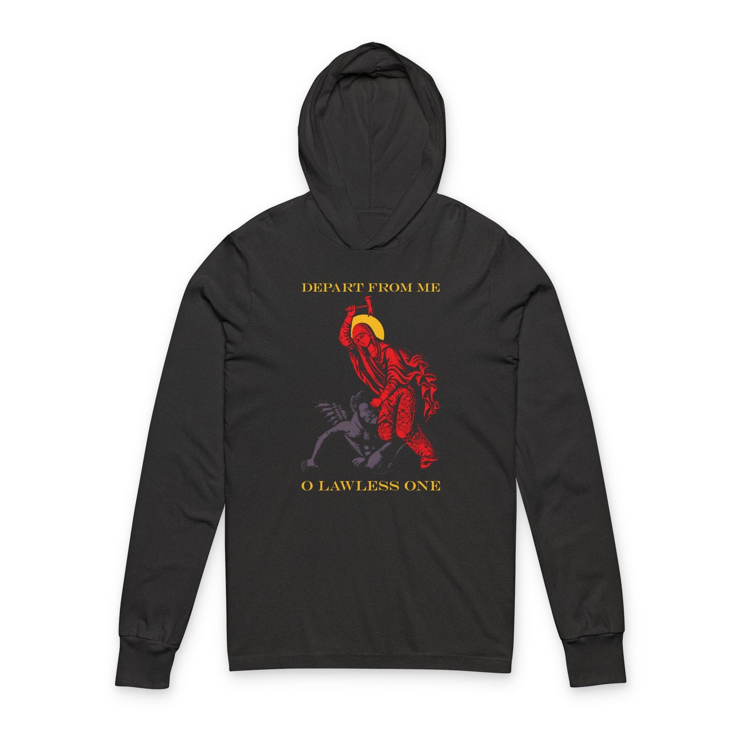 St Marina IconoGraphic (Depart from Me O Lawless One) | Saint Beating the Devil with a Hammer | Orthodox Long Sleeve Hooded Shirt