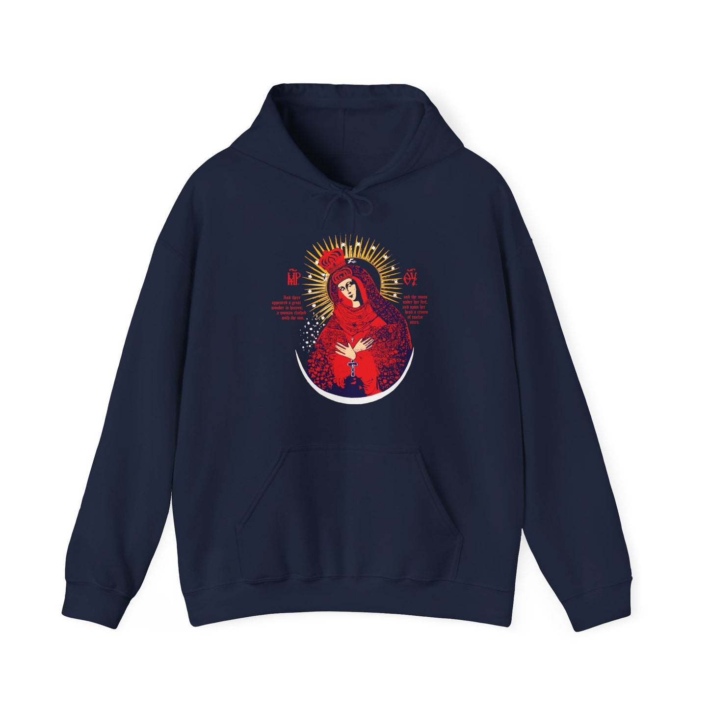 Navy "Our Lady the Gate of Dawn Icono-Graphic" hoodie featuring the crowned Theotokos, Woman of the Apocalypse, with red, blue, and gold accents in an Orthodox Christian design.