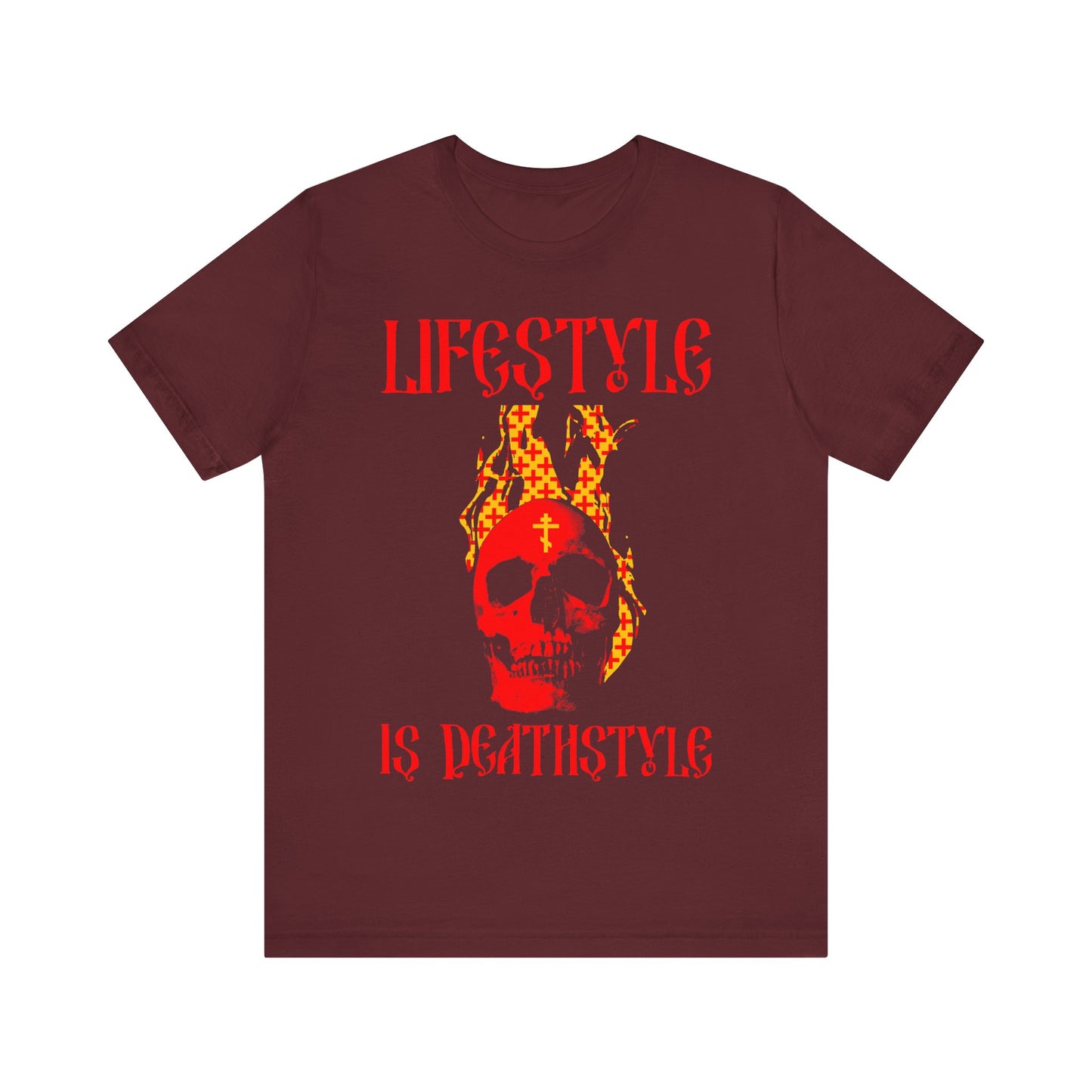 Lifestyle is Deathstyle | Burning Red Skull with Orthodox Cross | How You Live is How You Die | Lightweight Cotton Unisex Tee
