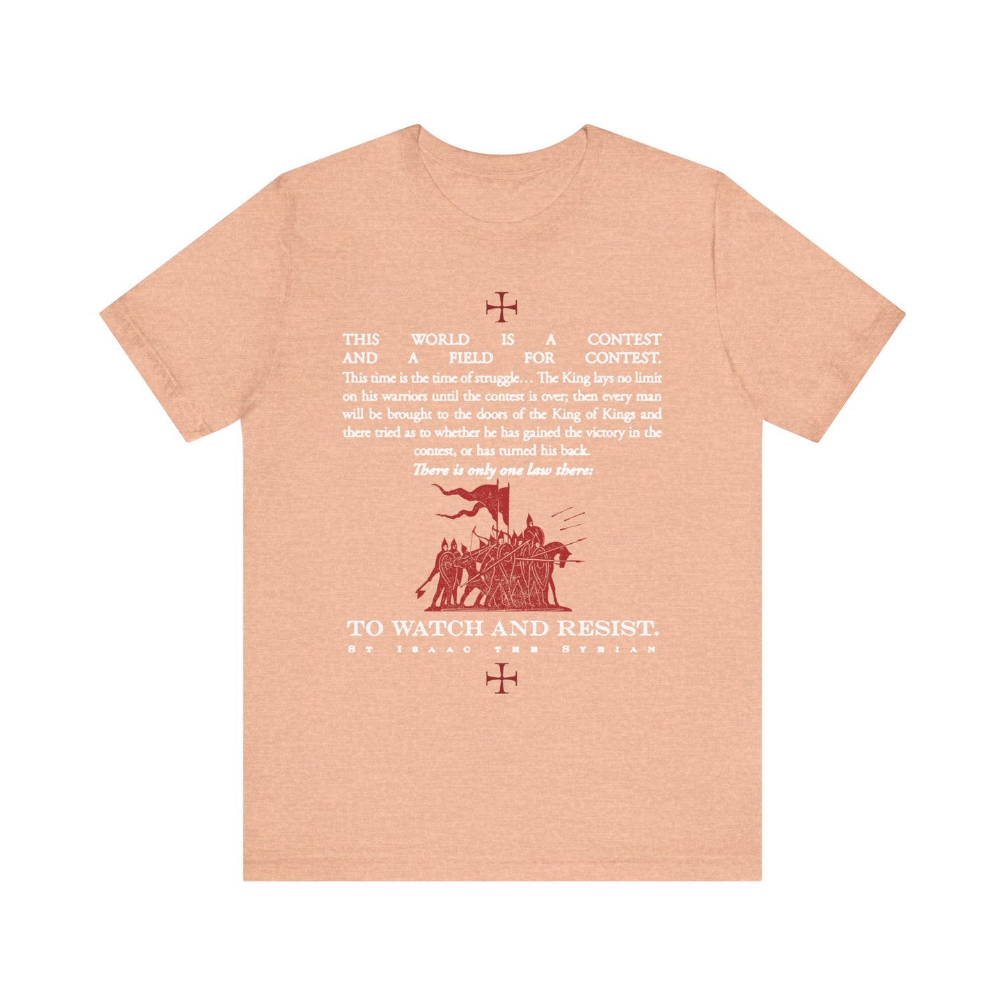 Heather peach unisex tee featuring St Isaac the Syrian's quote, a red mountain illustration, and small cross symbols—perfect for those who value spiritual virility, watchfulness, and Orthodox Christian training.