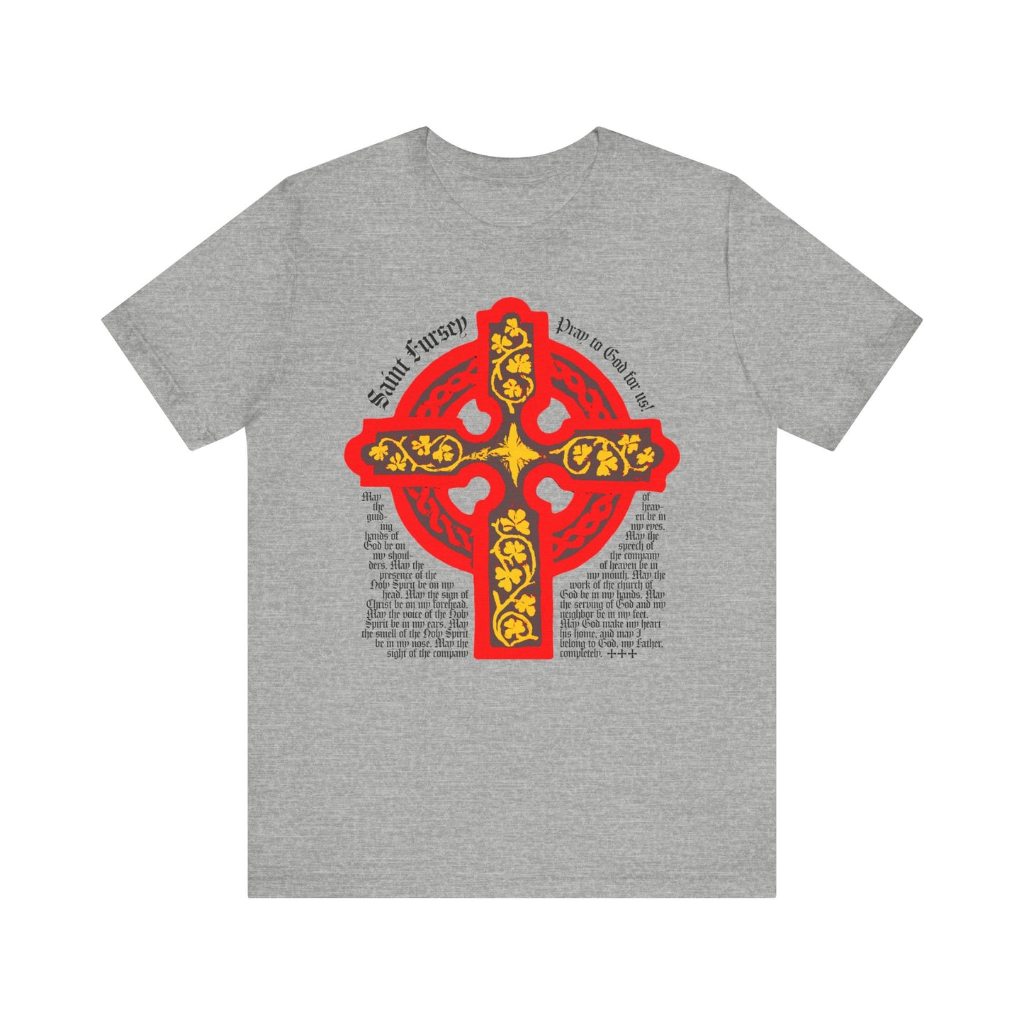 Athletic Heather tee featuring the Lorica Shield Prayer of St. Fursey with a red and yellow Celtic cross and decorative text on the front. Lightweight cotton, unisex design inspired by Irish Orthodox tradition.