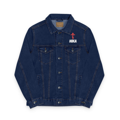 The NIKA Red Embroidered Orthodox Cross | NIKE Logo Mashup black denim jacket by Remembrance of Death features bold brown stitching, button closures, flap breast pockets, and a red cross with "NIKA" on the chest—an athletic, ascetic tribute to Christian victory.