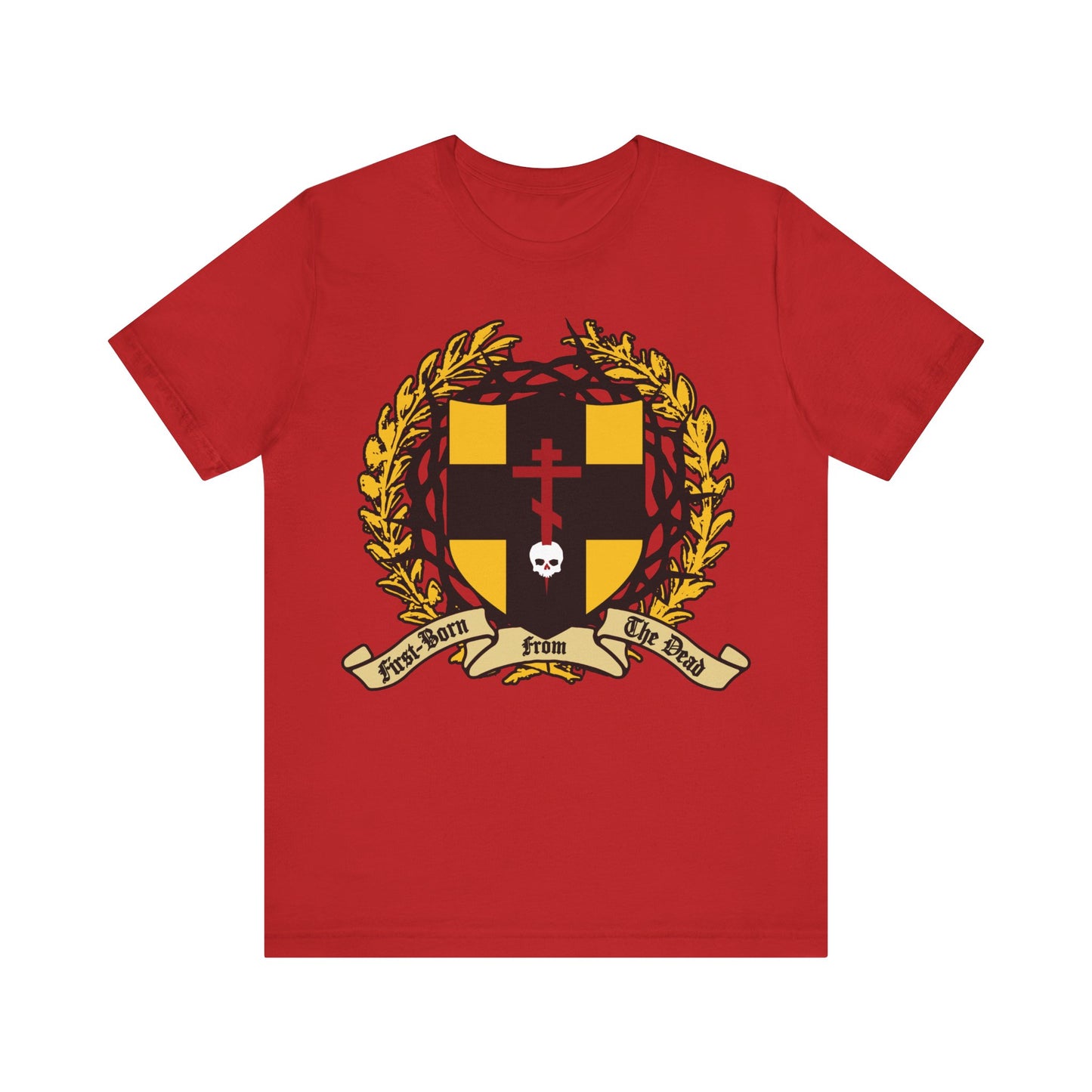 Red "First-Born from the Dead (Col 1:18)" tee featuring an Orthodox cross stabbing a skull, shield with victory wreath and crown of thorns—Christian cotton unisex shirt celebrating redemption in bold style.