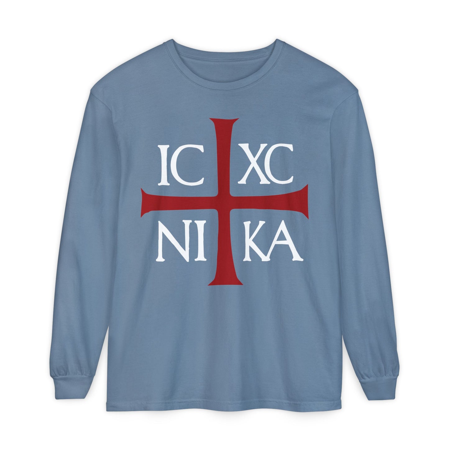 The ICXC NIKA "Jesus Christ Conquers" long sleeve in Blue Jean features a red cross and white ancient Byzantine Christogram, inspired by Romans 8:31-39, celebrating assurance for God's elect.