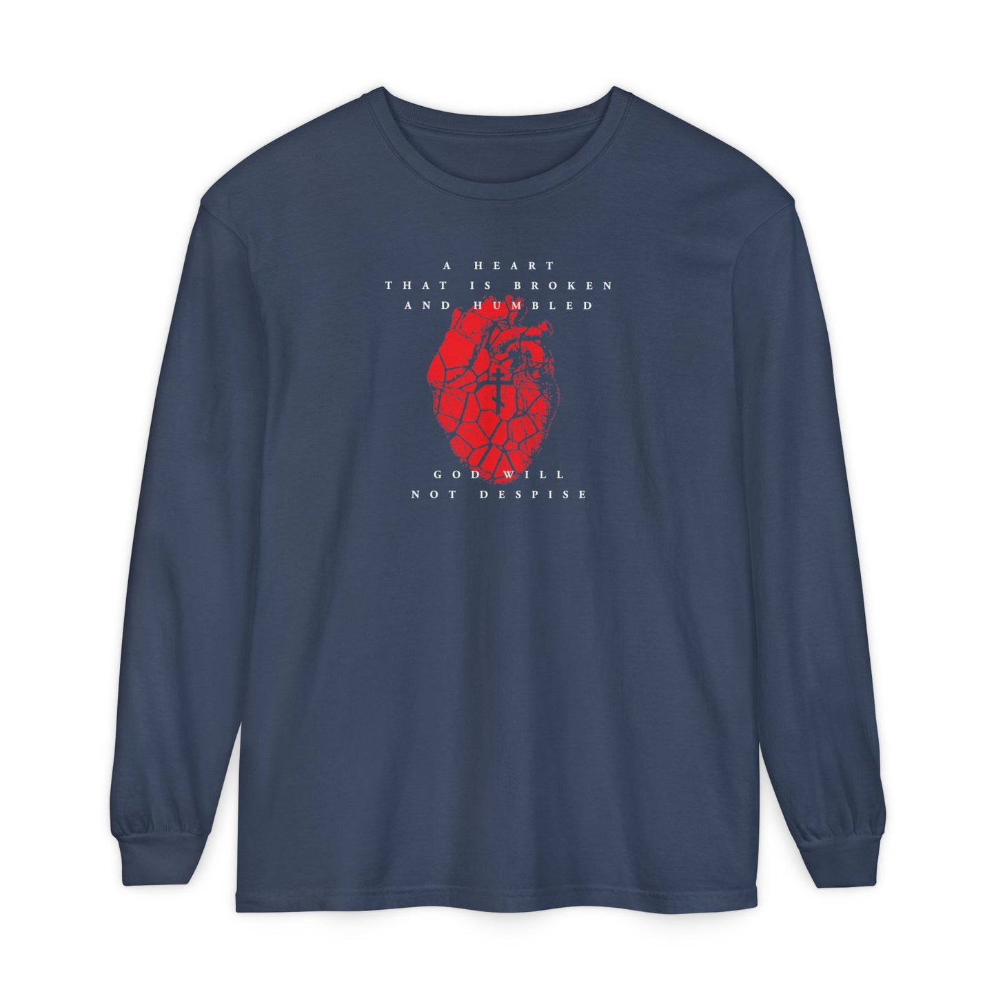 Midnight long-sleeve cotton shirt featuring a cracked heart with Orthodox cross and white text, inspired by Psalm 51—a reminder that a broken and humbled heart God will not despise.