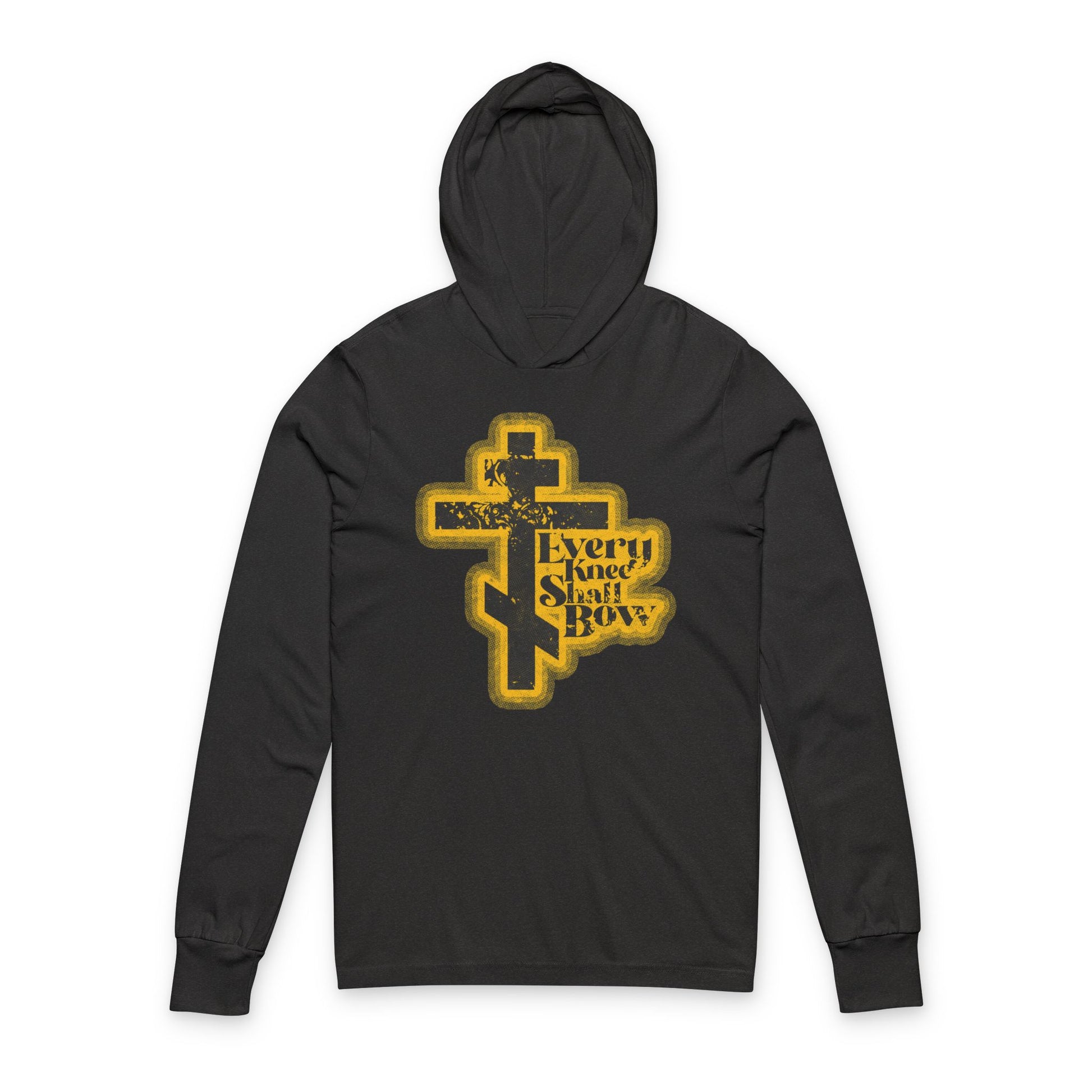 Charcoal Black TriBlend hoodie with a 70s distressed halftone comic book design, "Every Knee Shall Bow," inspired by Philippians 2:10-11 & Isaiah 45:23. Orthodox Christian hooded shirt.