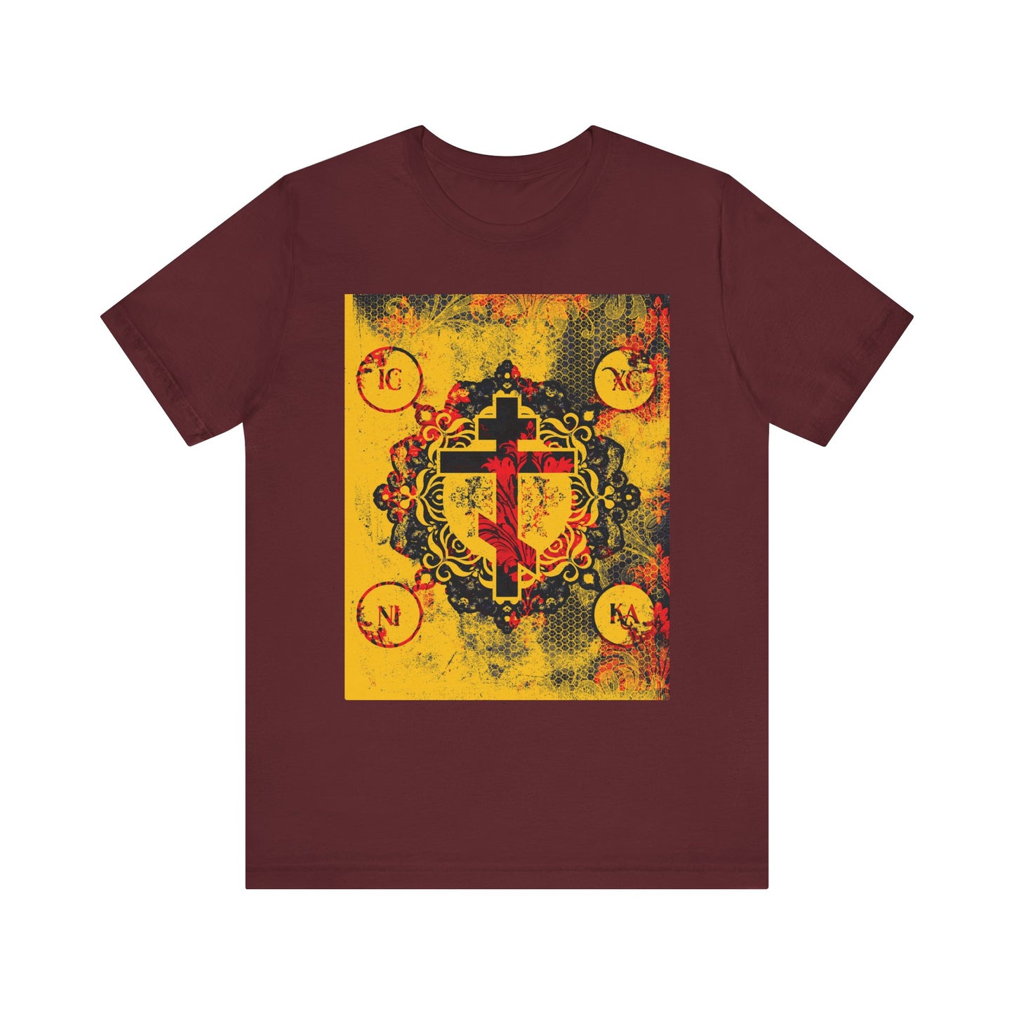 The maroon IC XC NIKA Orthodox Cross T-shirt showcases a vibrant yellow and red floral cross design, blending modern and medieval styles to honor the mystery and sacrifice of Christ. Lightweight cotton, unisex fit.