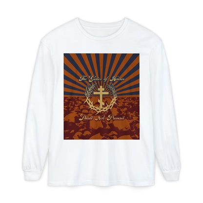 The Gates of Hades Shall Not Prevail | Cross with Wreath & Crown of Thorns | Skulls and Rays | Orthodox Christian Long Sleeve Shirt
