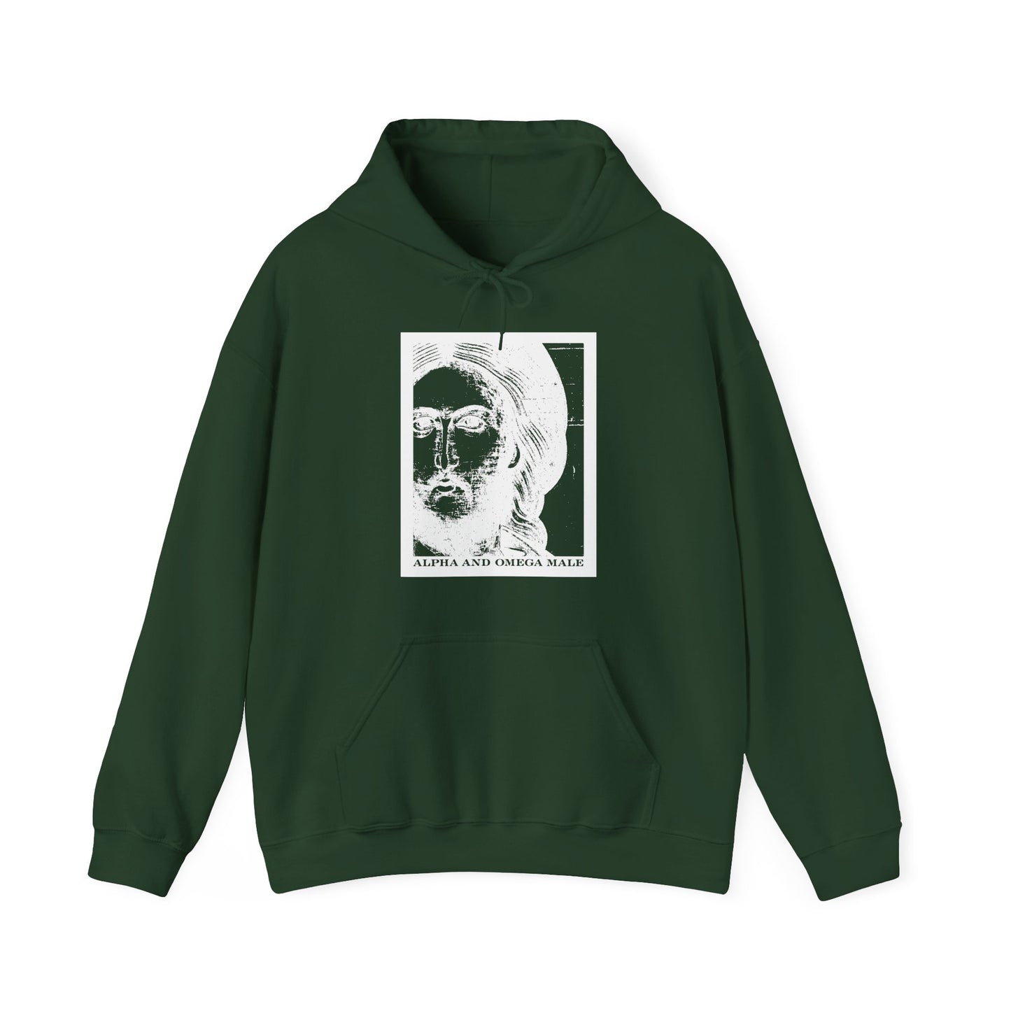 Forest green hoodie featuring a white abstract Jesus Christ photonegative graphic and "Alpha & Omega Male" text, inspired by Revelation 22: "I am the Beginning & the End." Orthodox Christian cotton/poly blend.