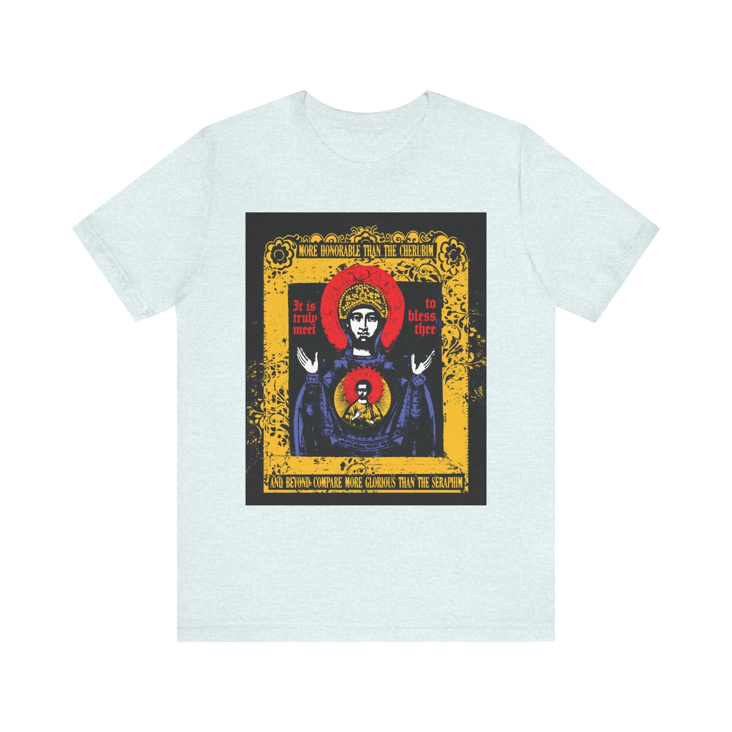 Heather Ice Blue "It is Truly Meet To Bless Thee Iconographic" Orthodox Lightweight Cotton Unisex Tee featuring an ornate front graphic with religious iconography and gold and red accents inspired by the Axion Estin hymn to the Mother of God, Theotokos.
