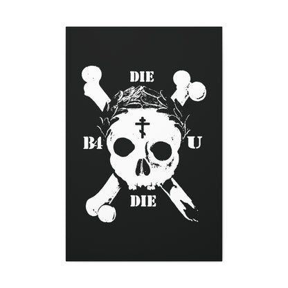 The Die Before You Die wall art features a retro skull & crossbones, Orthodox cross, laurel victory wreath, and “Memento Mori” theme—reminding us to deny ourselves and take up our cross, inspired by Matthew 16:24-25.