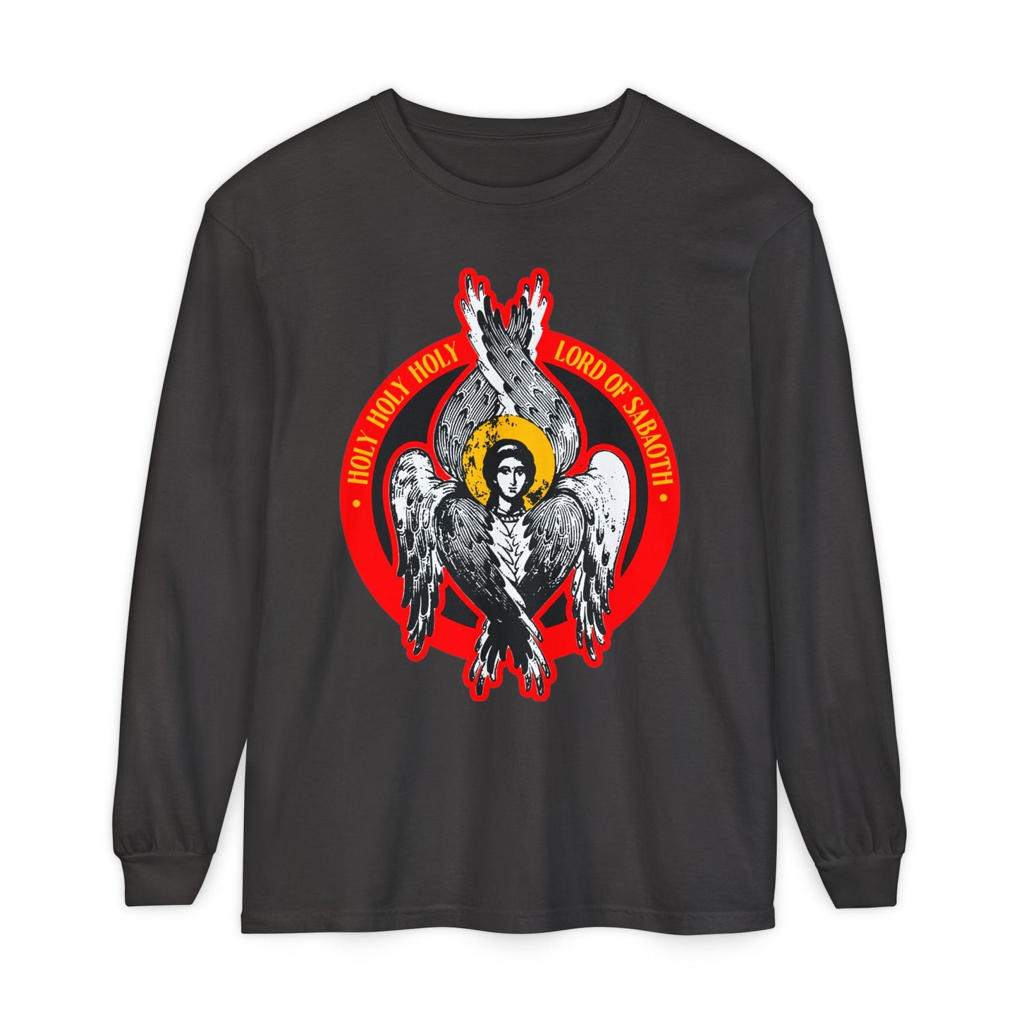 Graphite long-sleeve shirt featuring a six-winged seraphim and “Holy Holy Holy Lord of Sabaoth” in a red circle, inspired by Isaiah 6. Orthodox Christian design: Seraphim Angel IconoGraphic, Lord of Hosts Unseen Realm.