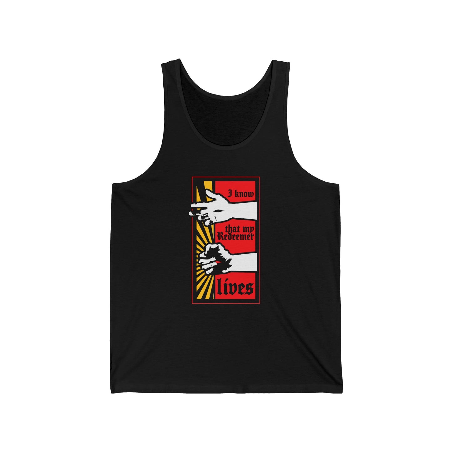 Black "I Know That My Redeemer Lives (Job 19:25)" tank top features a comic book-style resurrected Jesus fist with divine power. Orthodox Christian design in red and yellow, reminding us of faith and hope in seeing God.