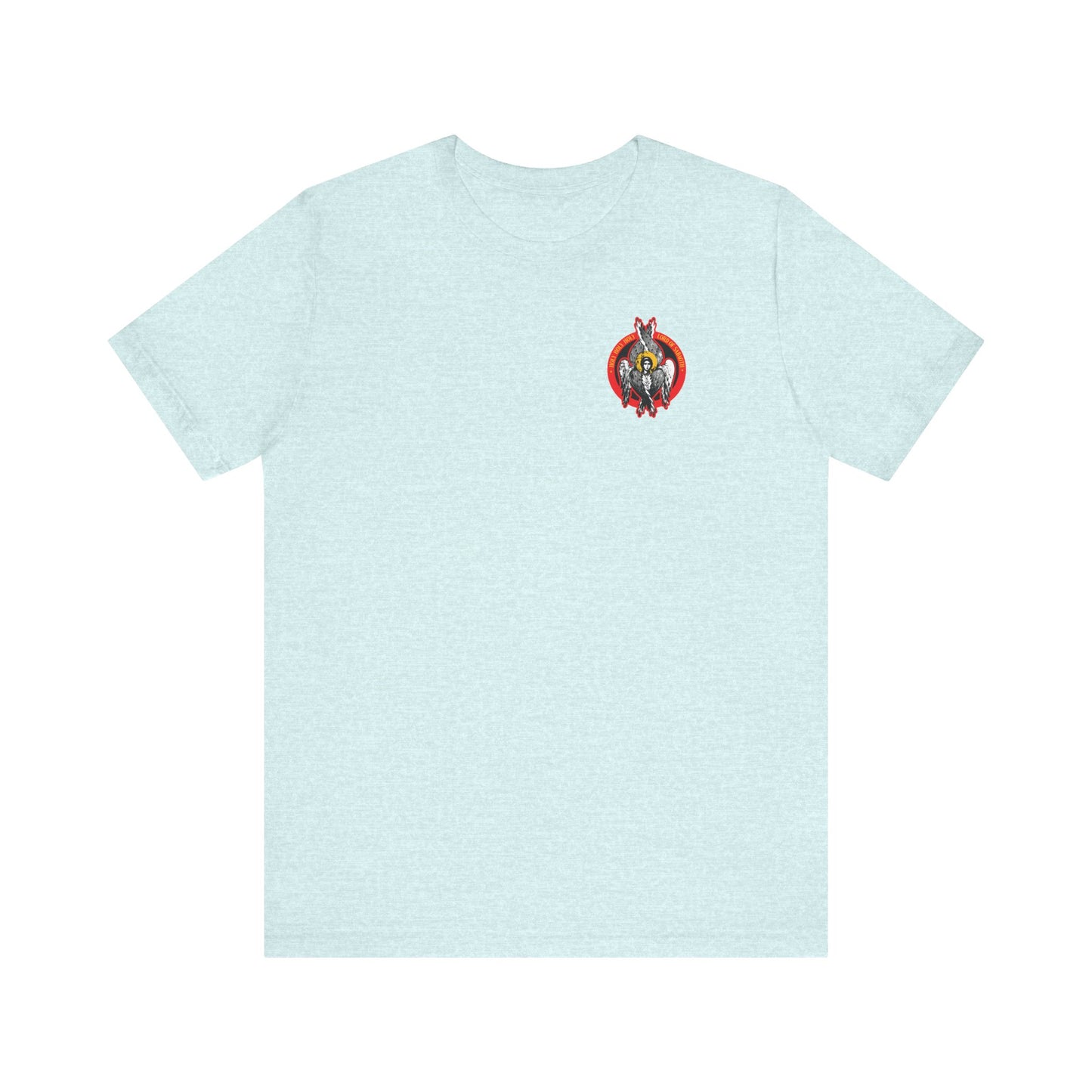 Heather Prism Ice Blue unisex t-shirt featuring a small "Holy Holy Holy Seraphim Angel Icono-Graphic" inspired by Christian art and the Divine Council, evoking the presence of angels. Lightweight cotton.
