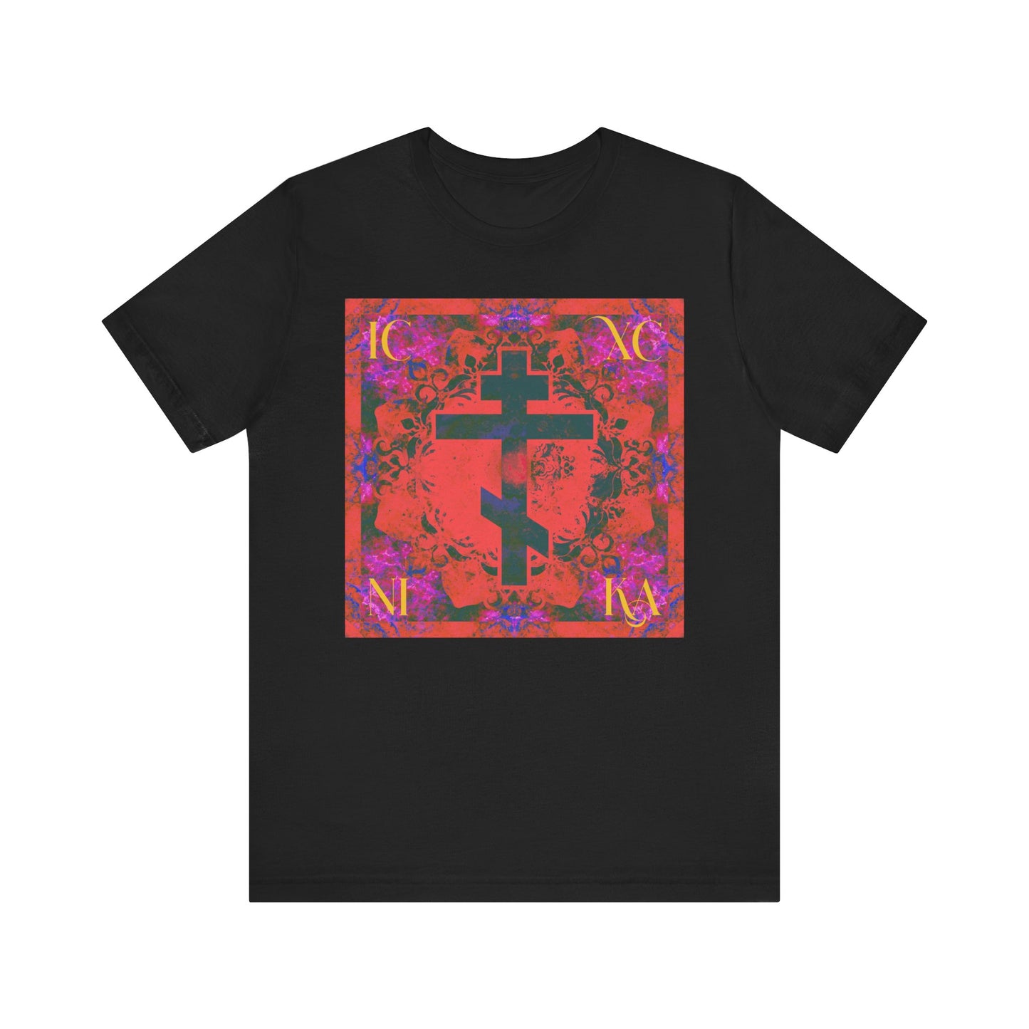 Black ICXC NIKA Colorful Orange Magenta Cross Orthodox Christian Lightweight Cotton Unisex Tee featuring a bold, abstract orange and magenta cross design at the center—symbolizing strength and hope inspired by the Saviour’s sufferings, as reflected upon by St. John of Kronstadt.