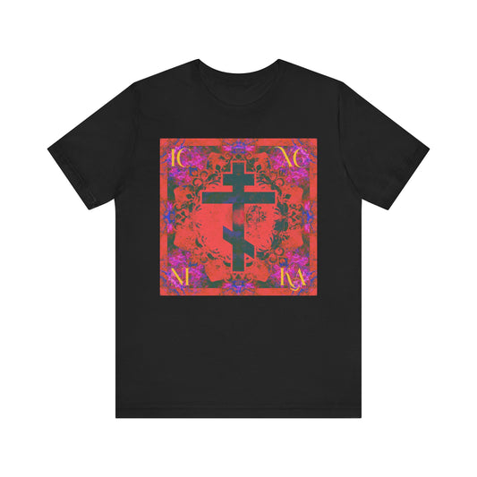 Black ICXC NIKA Colorful Orange Magenta Cross Orthodox Christian Lightweight Cotton Unisex Tee featuring a bold, abstract orange and magenta cross design at the center—symbolizing strength and hope inspired by the Saviour’s sufferings, as reflected upon by St. John of Kronstadt.