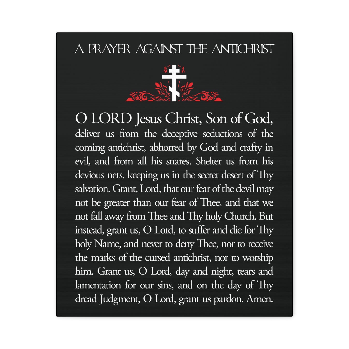 Black wall art titled "Prayer Against the Antichrist by Elder Anatoly the Younger of Optina," featuring a Christian cross and prayer text in white, inspired by the Book of Revelation and Orthodox tradition.