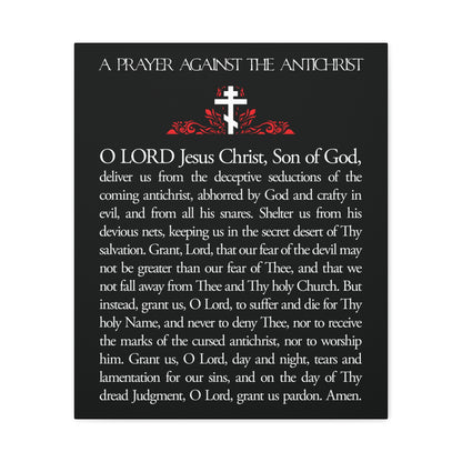 Black wall art titled "Prayer Against the Antichrist by Elder Anatoly the Younger of Optina," featuring a Christian cross and prayer text in white, inspired by the Book of Revelation and Orthodox tradition.