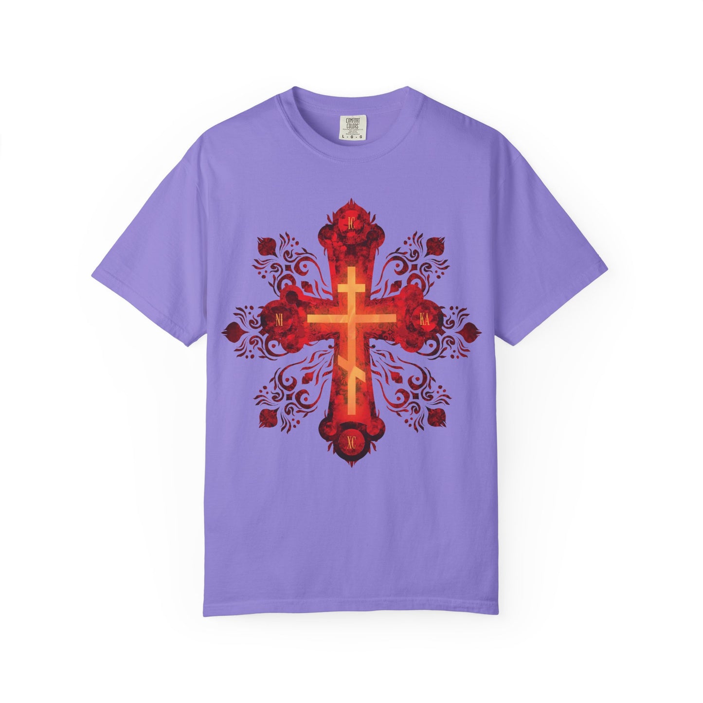 Violet heavyweight cotton unisex tee featuring a red and gold ornate Russian-style Orthodox cross design centered on the front, inspired by "He was pierced for our transgressions" and the journey of a Christian warrior to their heavenly homeland.