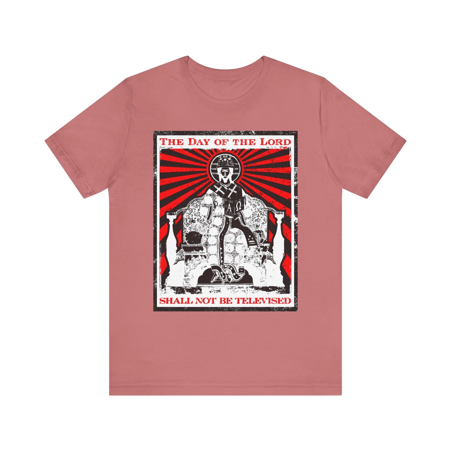 This mauve lightweight cotton unisex tee, titled “The Day of the Lord Shall Not Be Televised,” features an iconographic graphic of Jesus Christ on a throne with text inspired by Bible verses and themes of the Second Coming from Revelation—a bold statement of Christian faith.