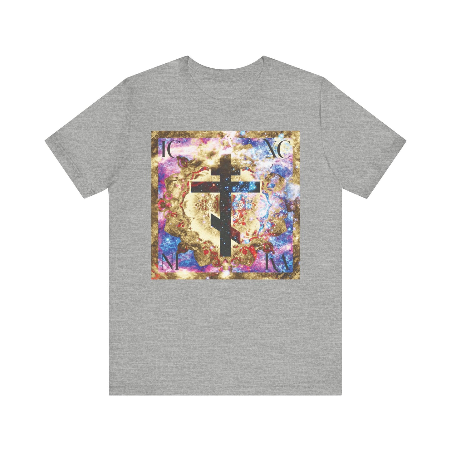 Athletic Heather t-shirt with a vibrant gold and blue cosmic-textured cross, featuring decorative "ICXC NIKA" lettering in each corner—an Orthodox Christian lightweight cotton unisex tee inspired by the power of the Cross and the teachings of St. John of Kronstadt on deliverance from evil.