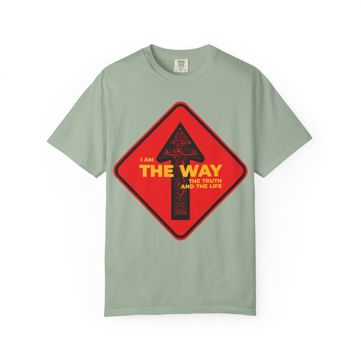 Bay-colored heavyweight cotton unisex tee, “Am the Way, the Truth and the Life,” features a street sign one way arrow with crucifix design and bold text inspired by John 14:6—reminding us that Jesus leads us to faith.